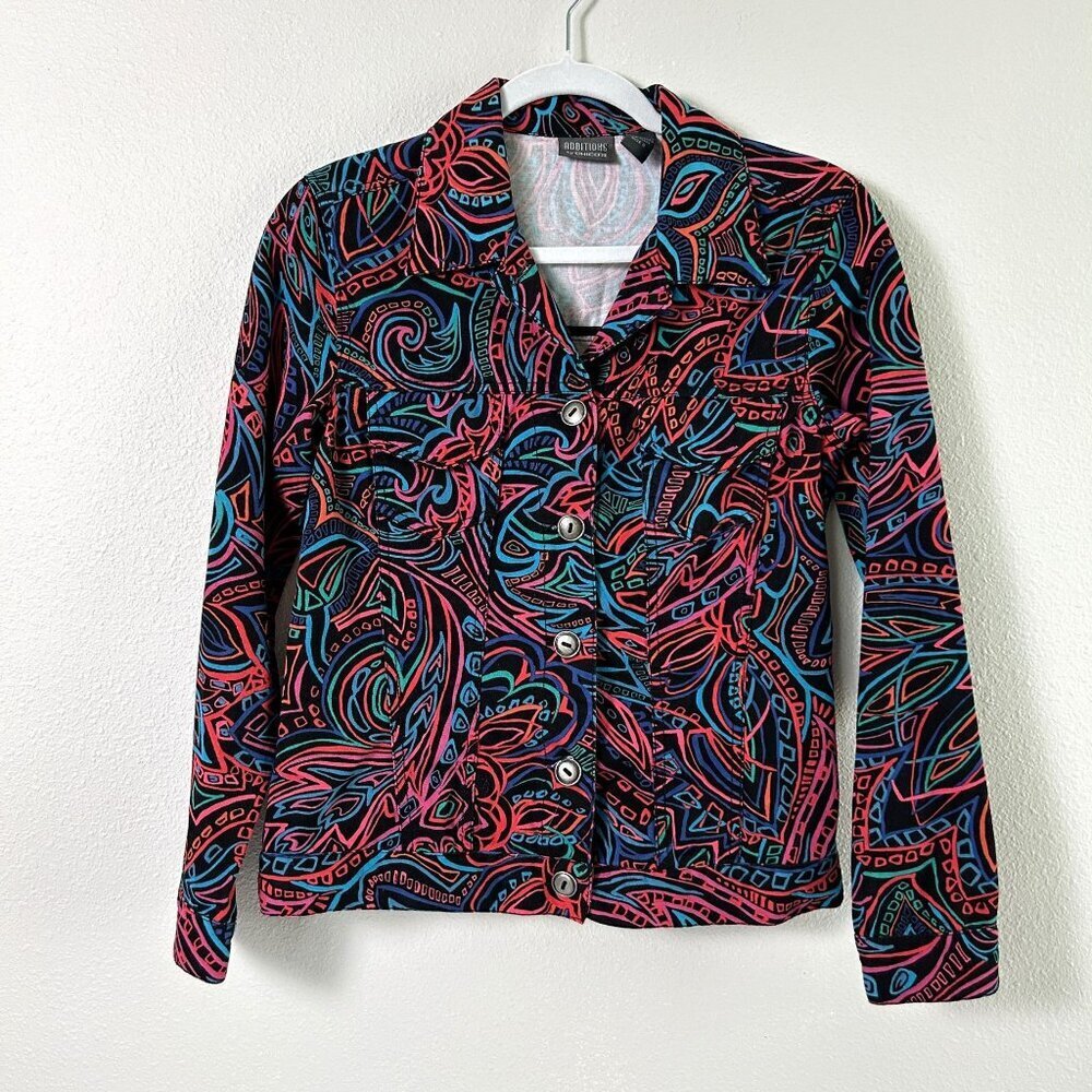 Additions By Chicos Jacket Womens Size 0 S Black Pink Geometric Button Up Cotton